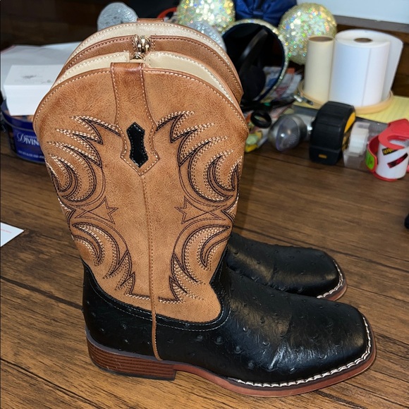 Rollda Boys Cowboy Boots Brown and Black Ostrich- 5 - Picture 1 of 9